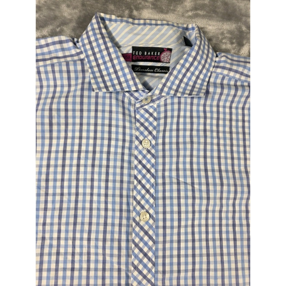 Ted Baker Endurance 17.5 Classic Fit Blue‎ Check Plaid French Cuff Dress Shirt